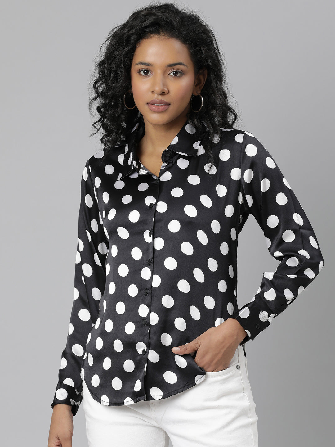 Women's Black Slim Fit Polka Dots Printed Satin Casual Shirt
