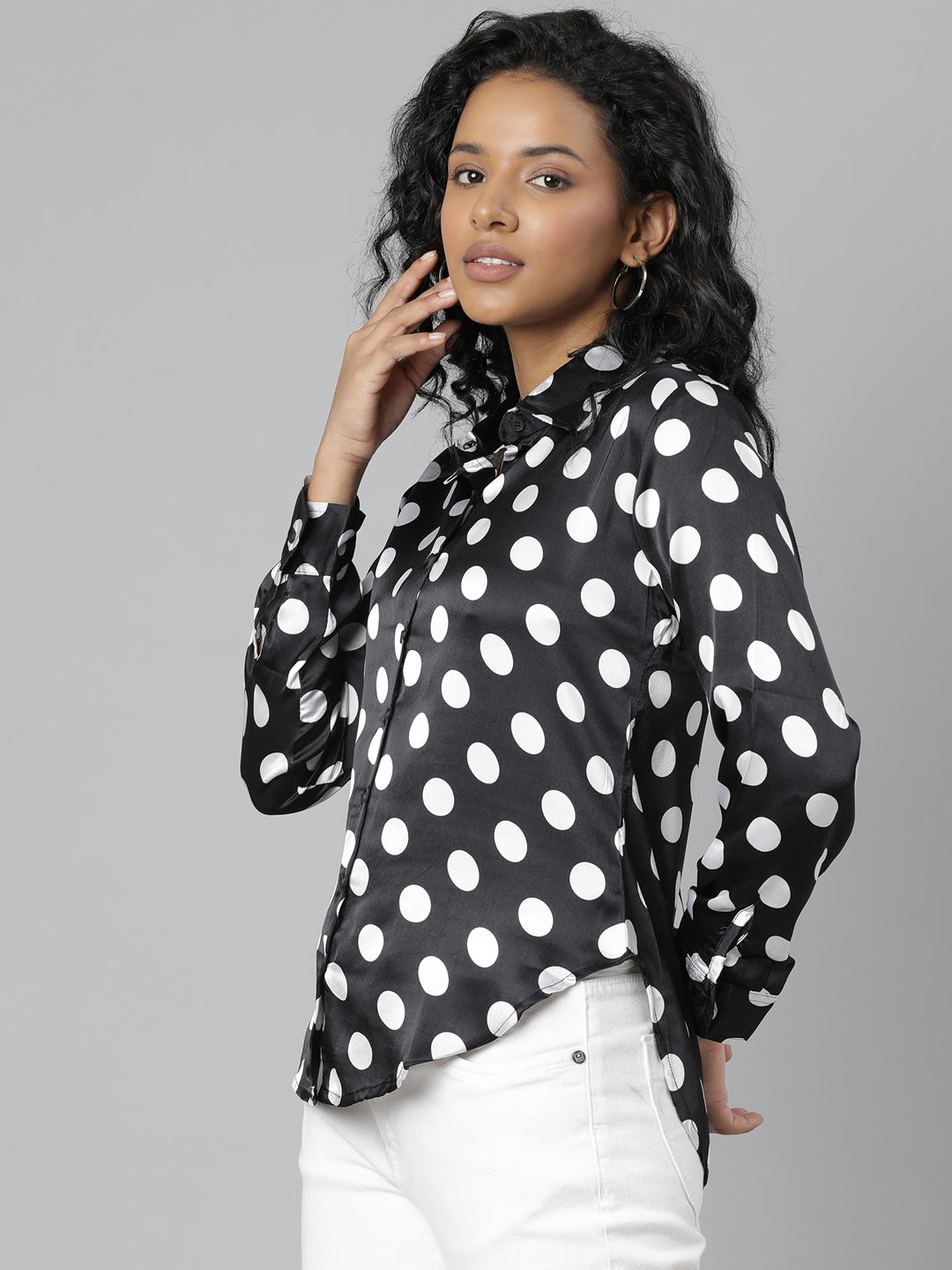 Women's Black Slim Fit Polka Dots Printed Satin Casual Shirt