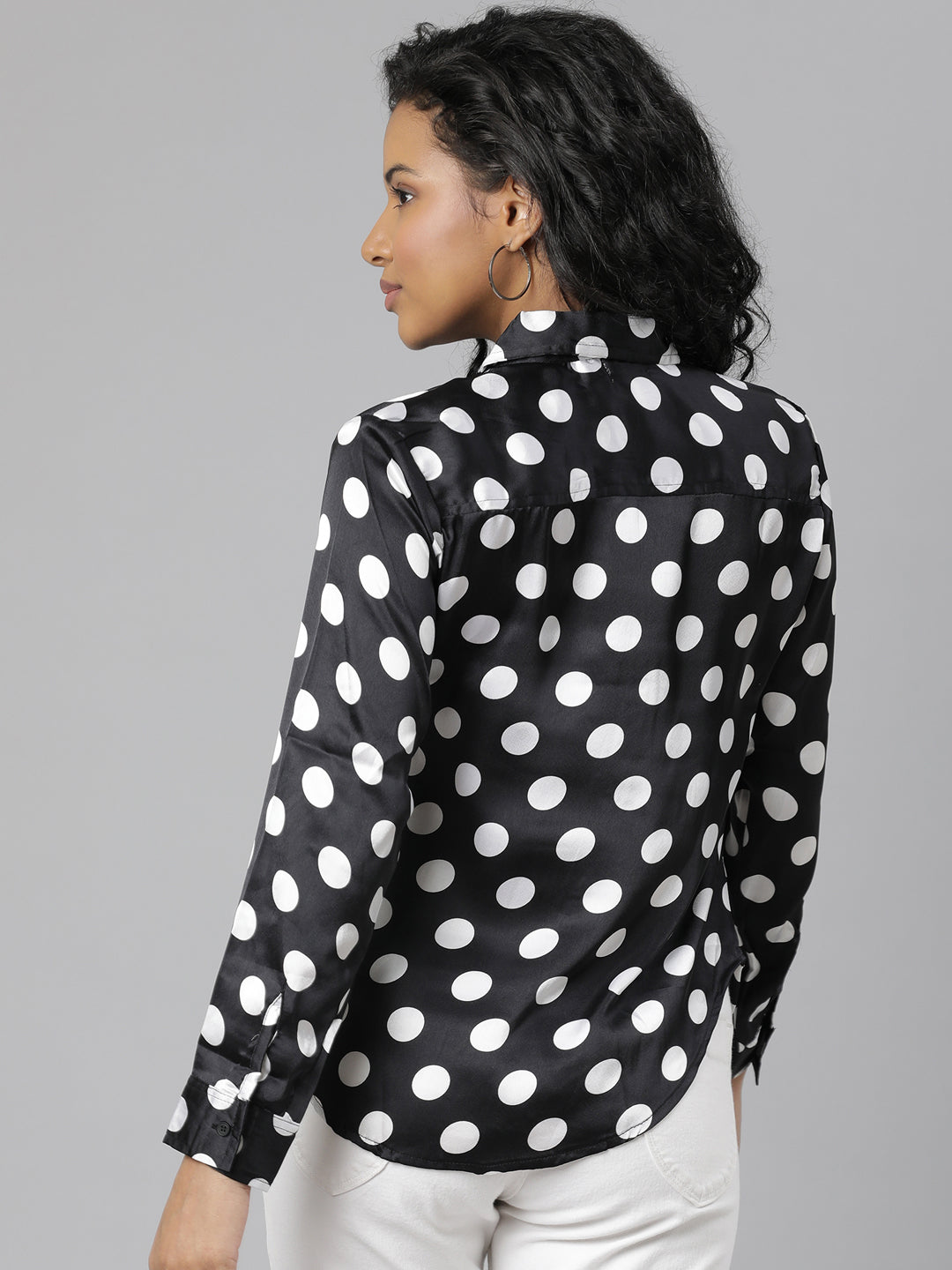 Women's Black Slim Fit Polka Dots Printed Satin Casual Shirt