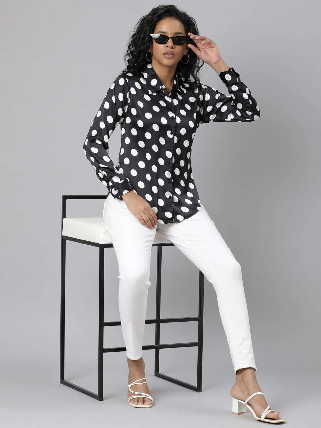 Women's Black Slim Fit Polka Dots Printed Satin Casual Shirt