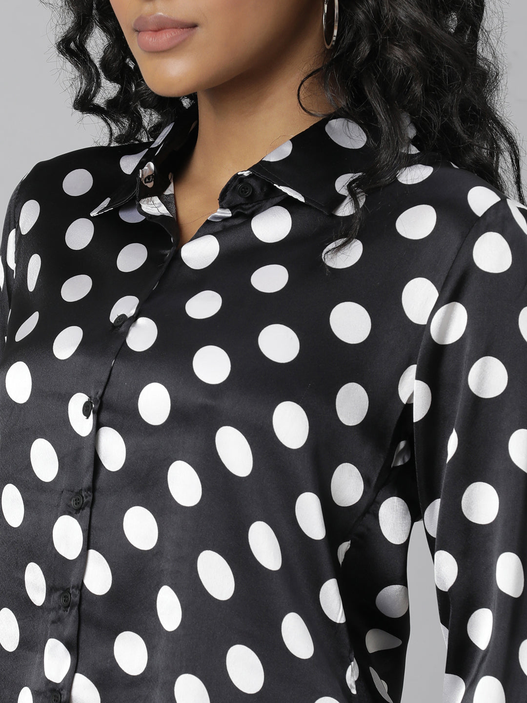 Women's Black Slim Fit Polka Dots Printed Satin Casual Shirt
