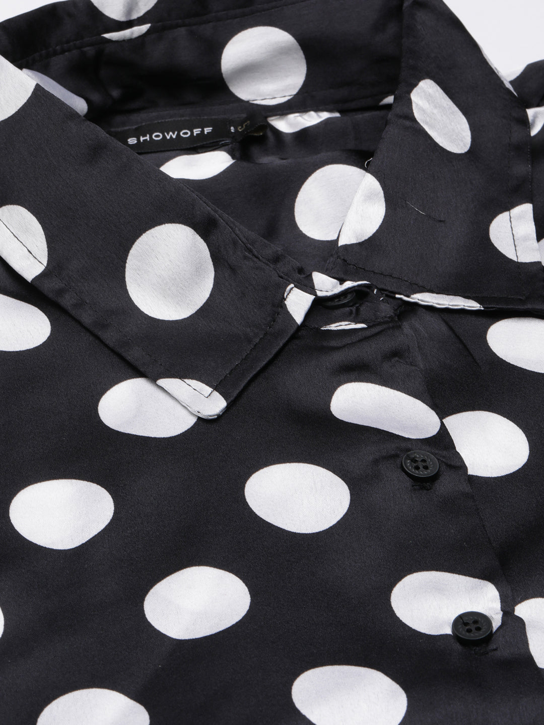 Women's Black Slim Fit Polka Dots Printed Satin Casual Shirt