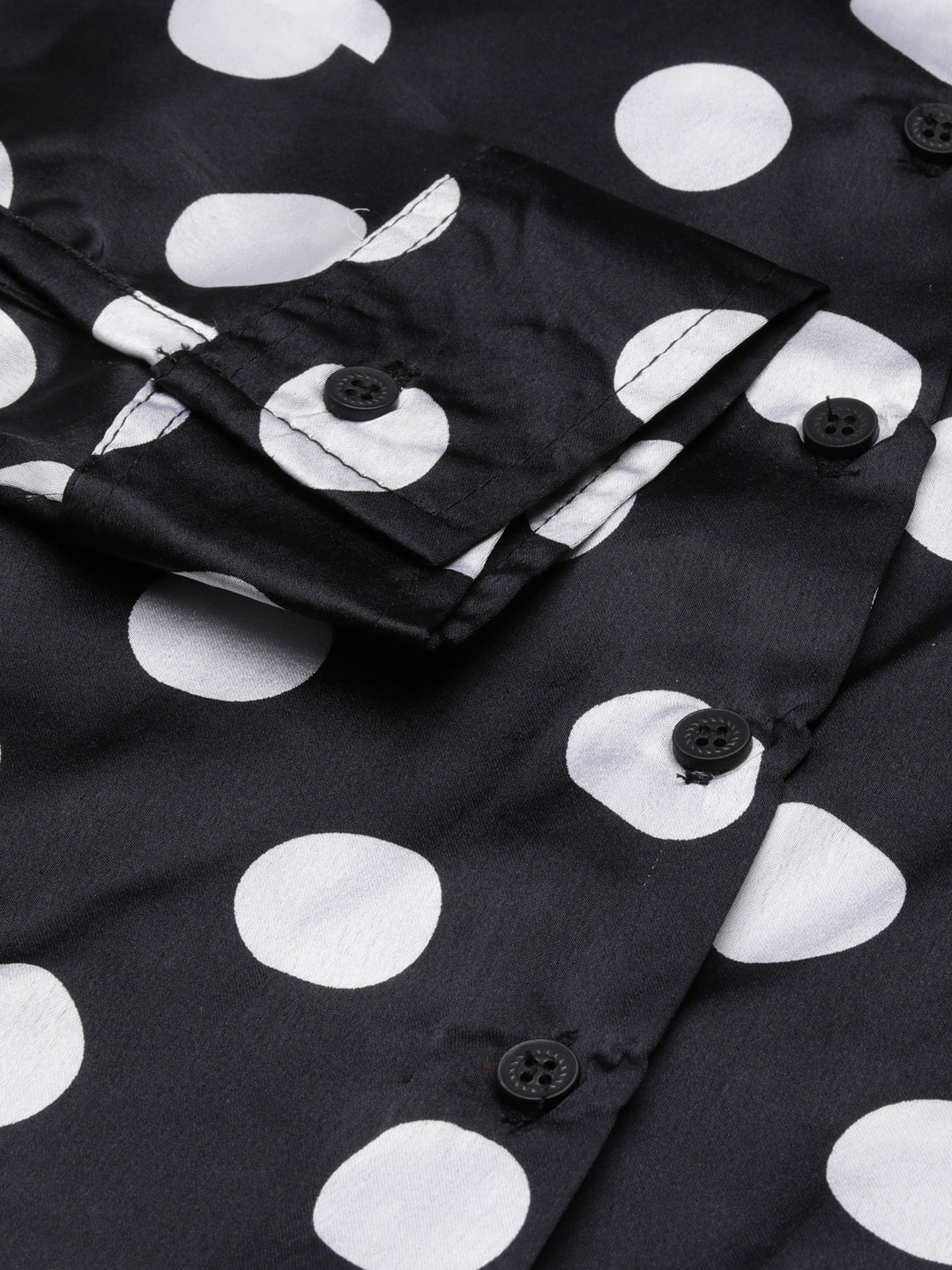 Women's Black Slim Fit Polka Dots Printed Satin Casual Shirt