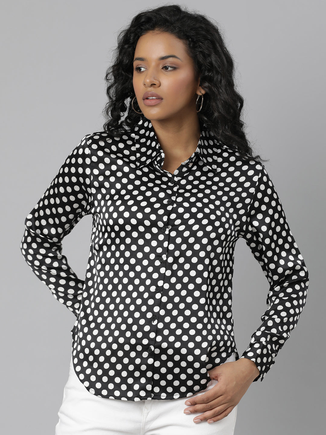 Women's Black Slim Fit Polka Dots Printed Satin Casual Shirt