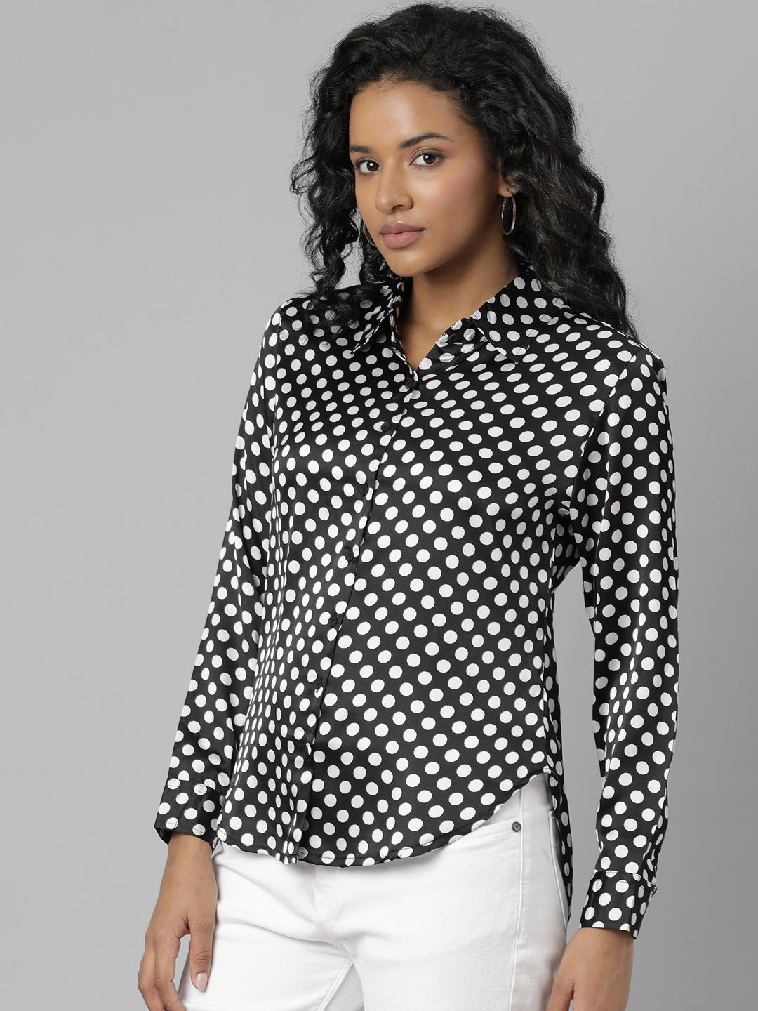 Women's Black Slim Fit Polka Dots Printed Satin Casual Shirt