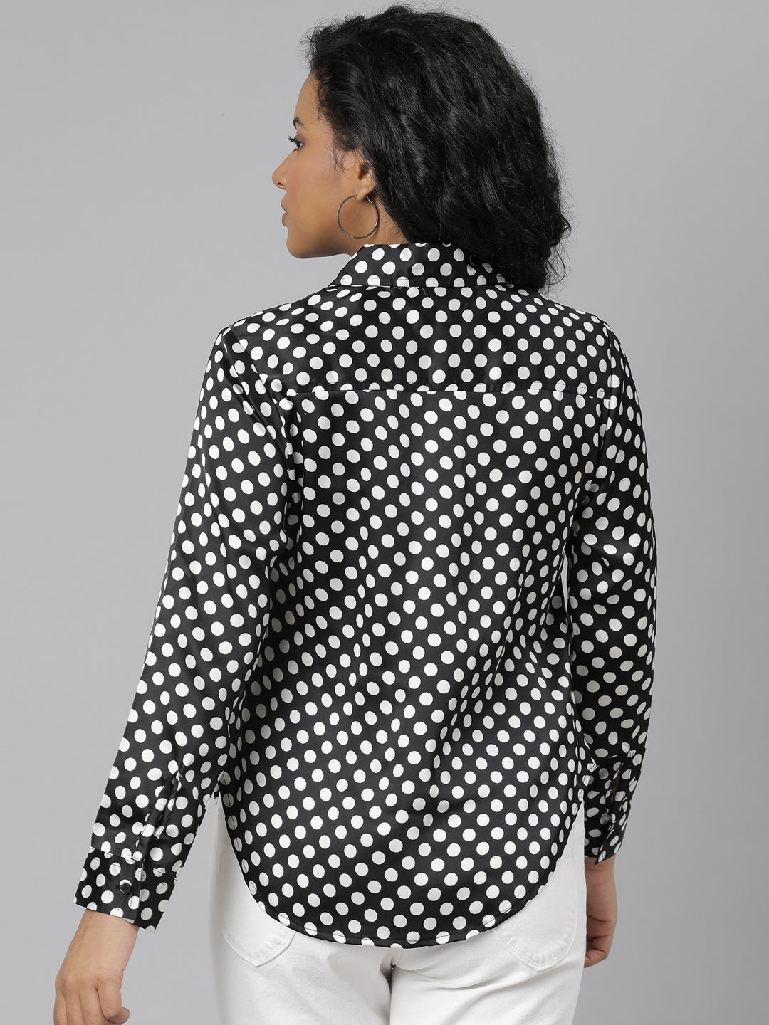 Women's Black Slim Fit Polka Dots Printed Satin Casual Shirt