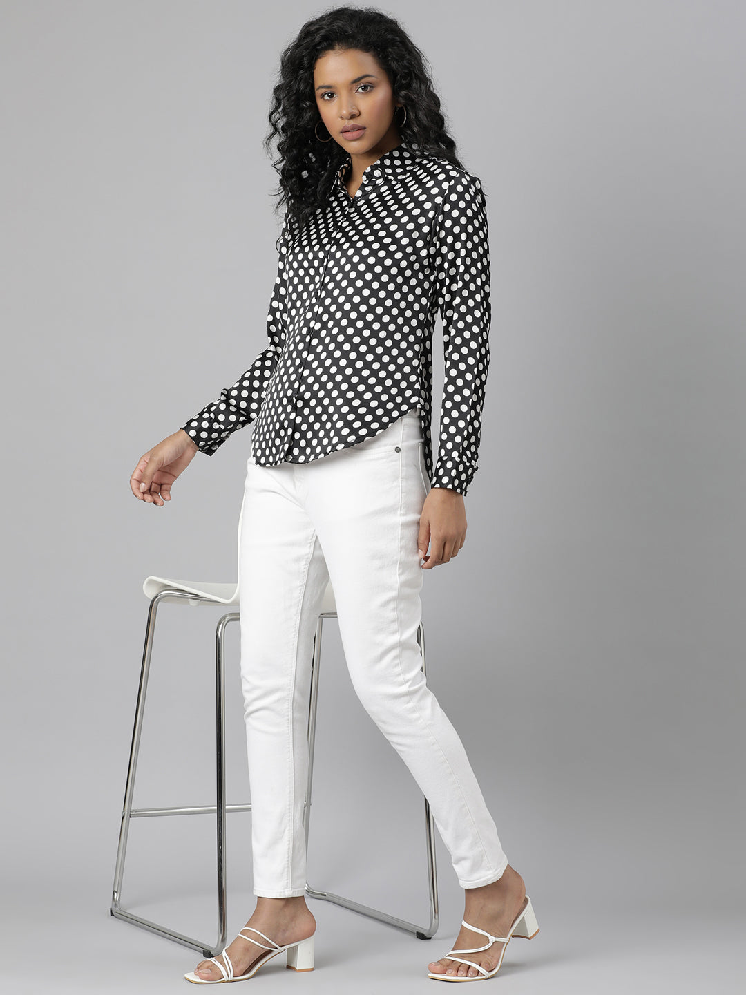 Women's Black Slim Fit Polka Dots Printed Satin Casual Shirt
