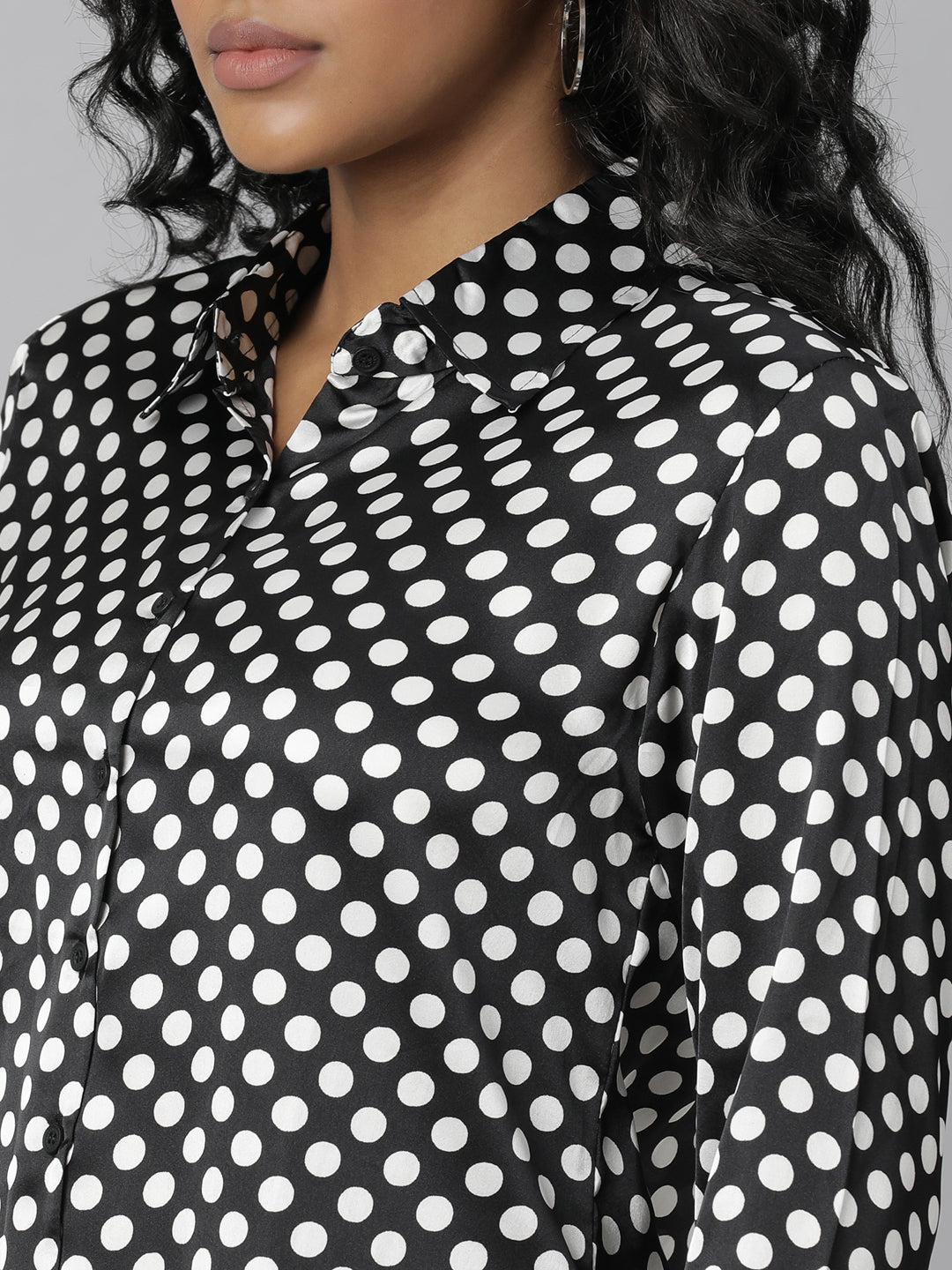 Women's Black Slim Fit Polka Dots Printed Satin Casual Shirt