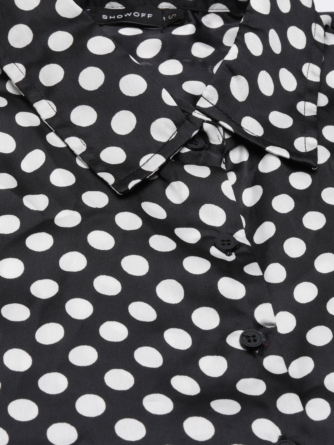 Women's Black Slim Fit Polka Dots Printed Satin Casual Shirt