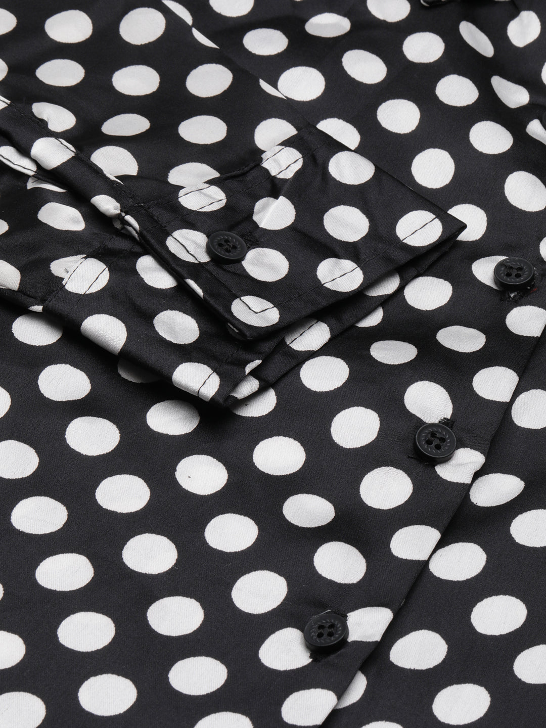Women's Black Slim Fit Polka Dots Printed Satin Casual Shirt