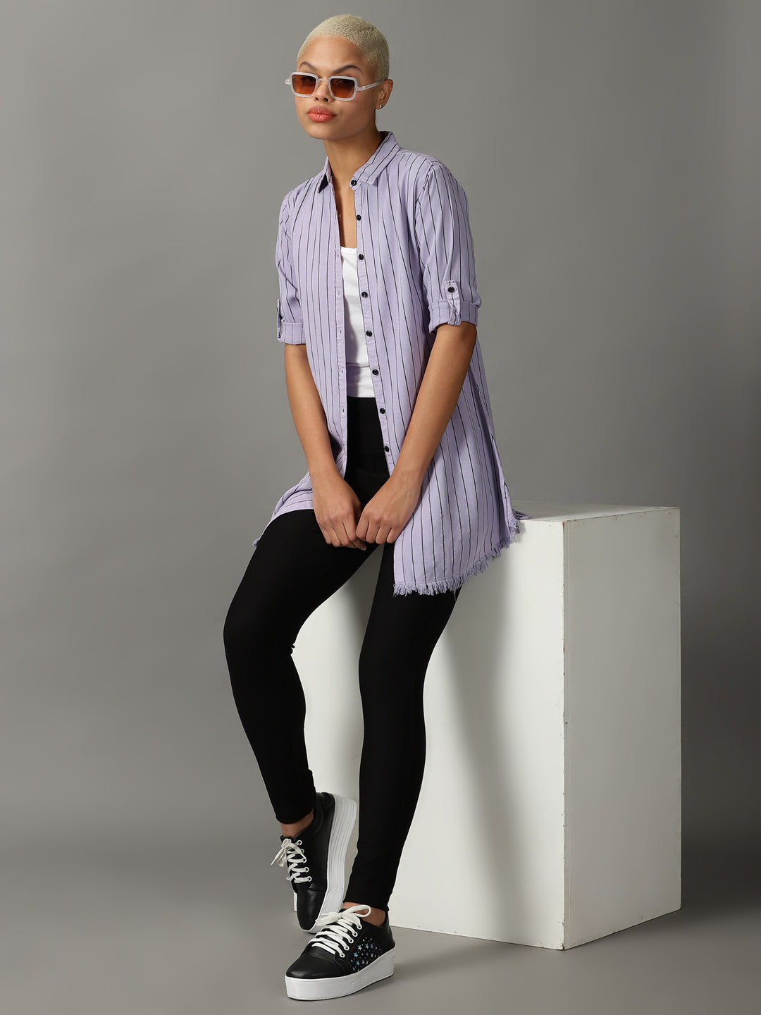 Women's Lavender Striped Casual Longline Shirt