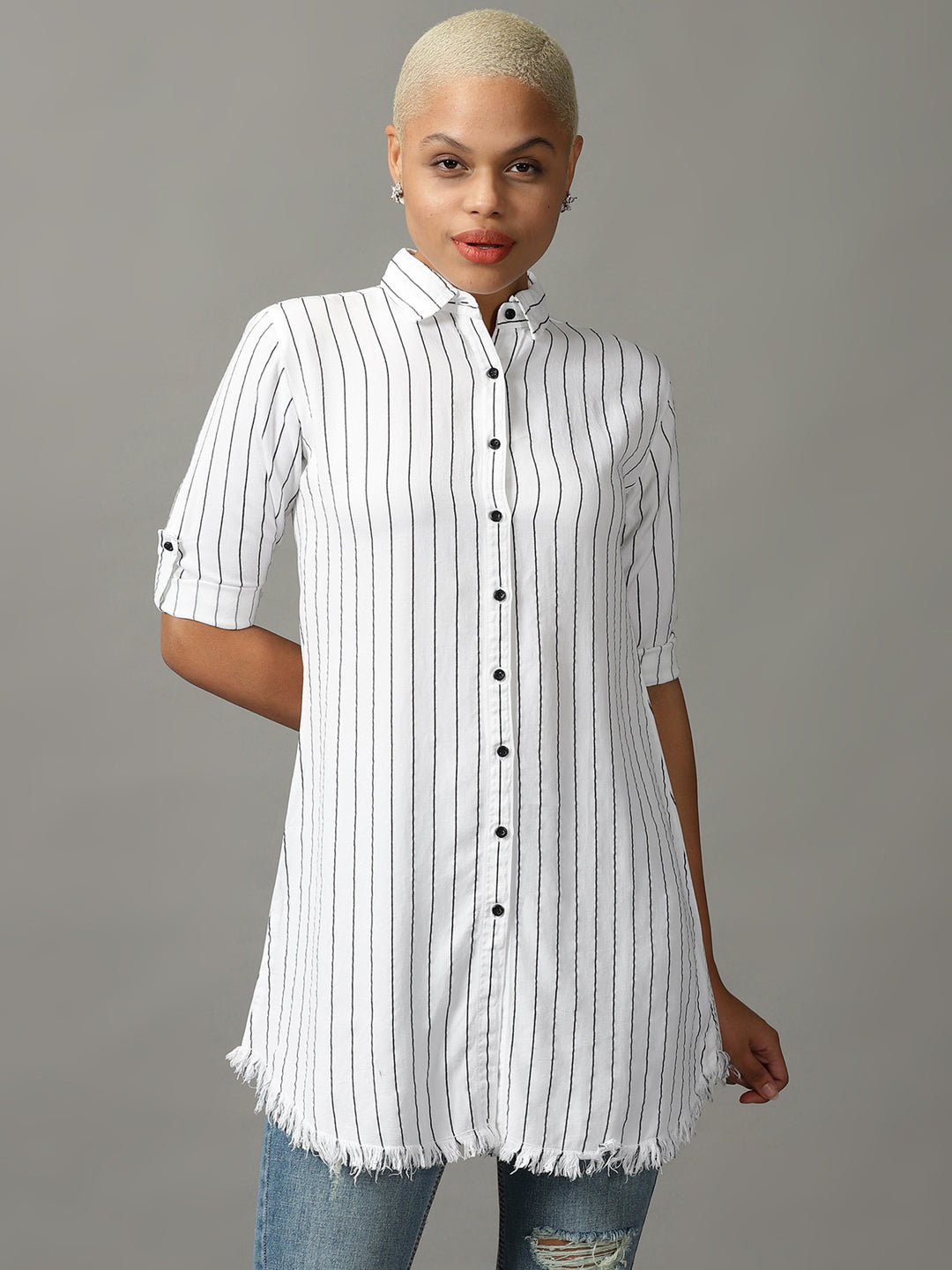 Women's White Striped Casual Longline Shirt