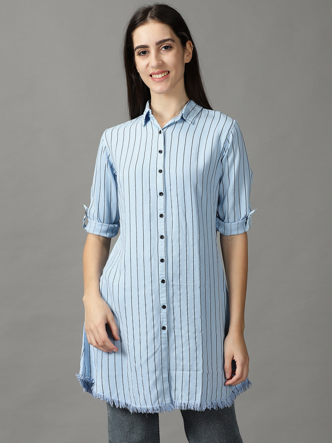 Women's Blue Striped Casual Longline Shirt