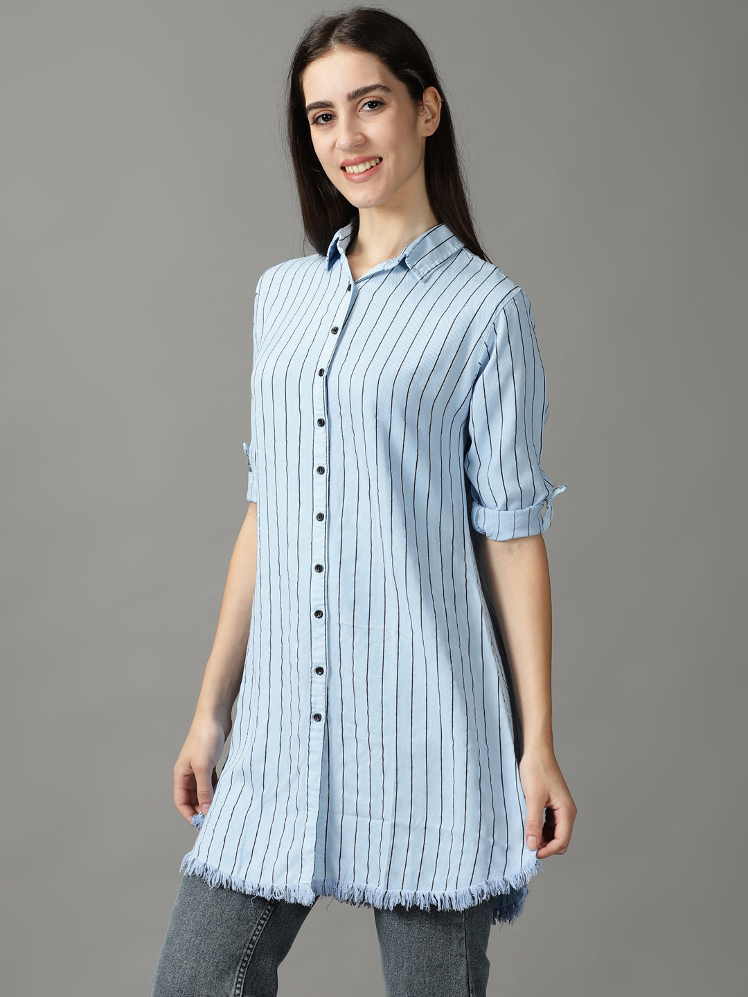 Women's Blue Striped Casual Longline Shirt