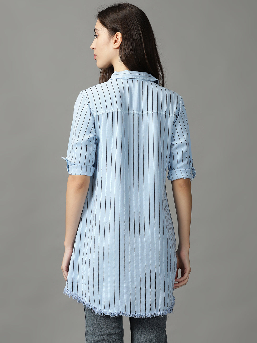 Women's Blue Striped Casual Longline Shirt