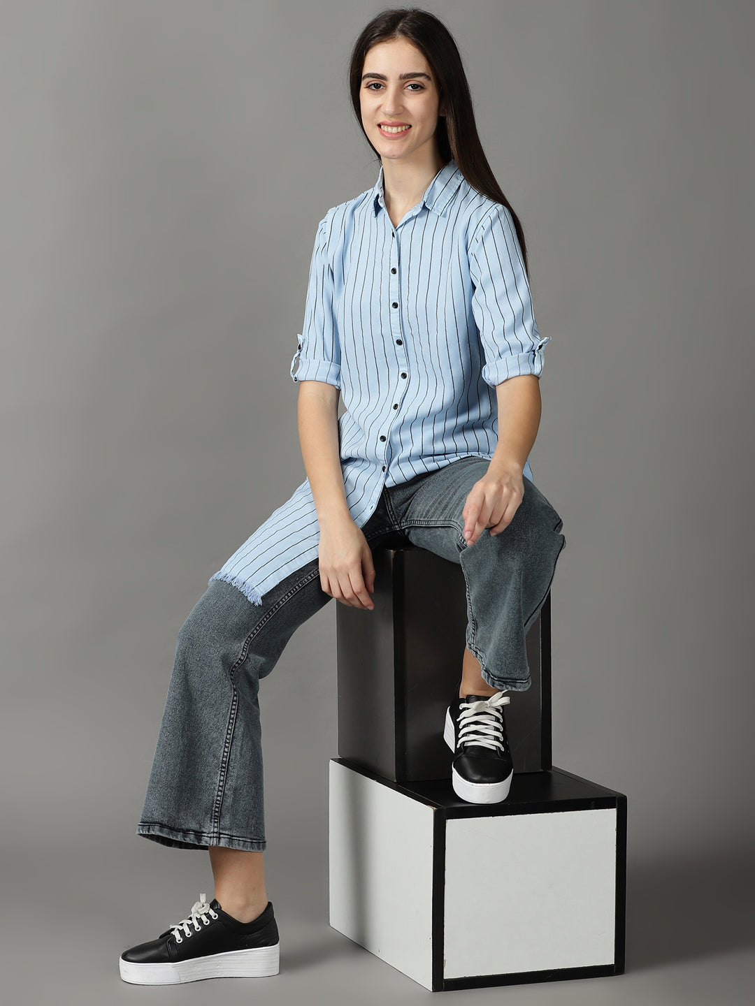 Women's Blue Striped Casual Longline Shirt