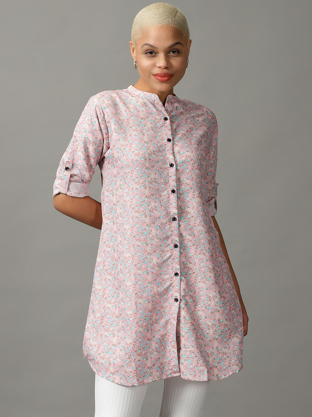 Women's Pink Floral Printed Longline Casual Shirt