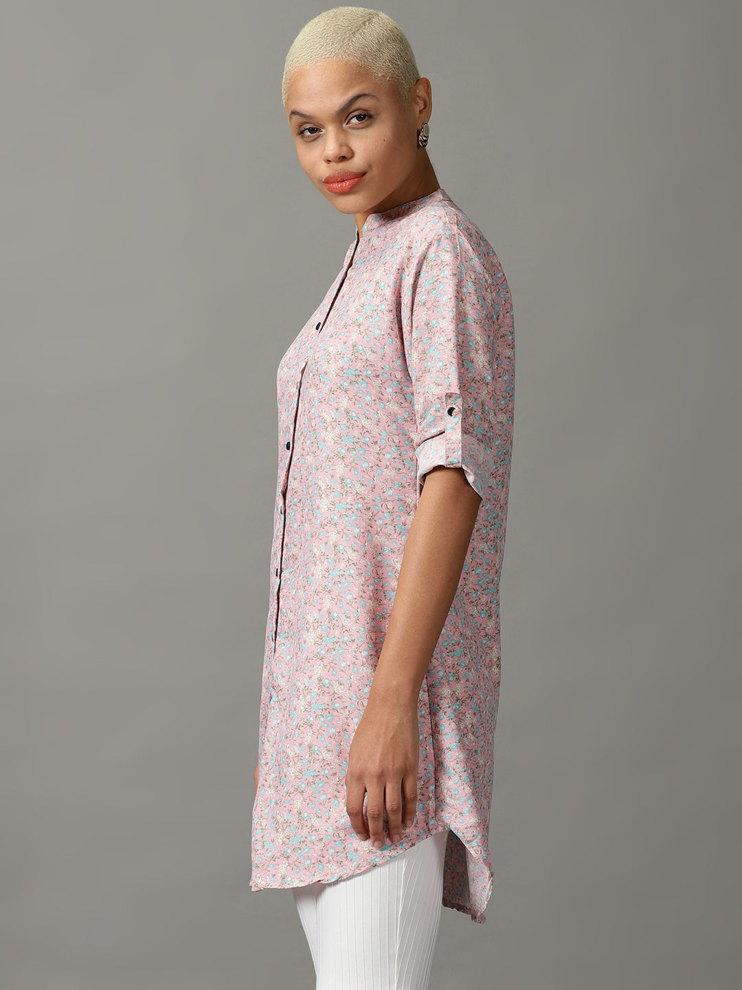 Women's Pink Floral Printed Longline Casual Shirt