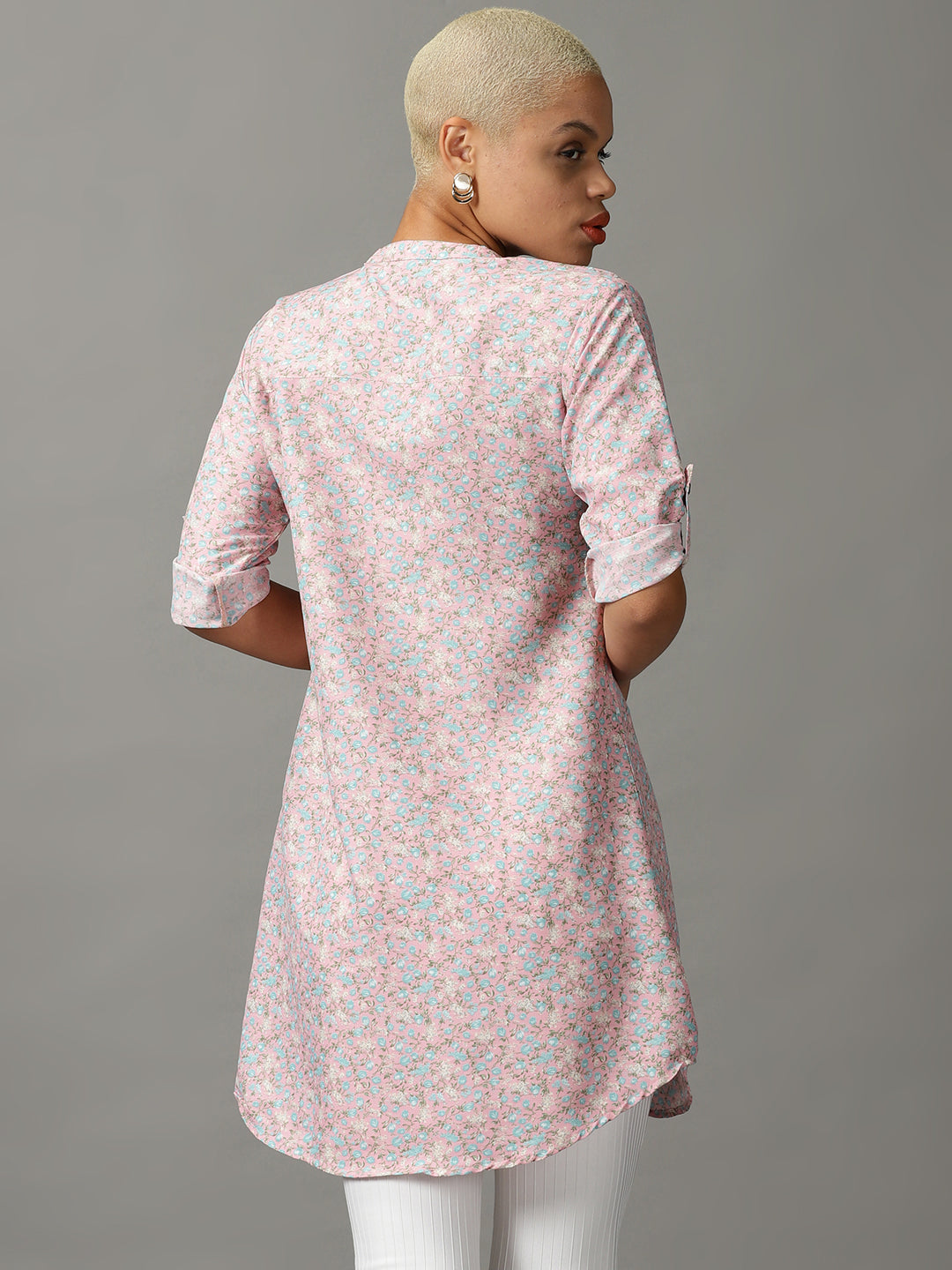 Women's Pink Floral Printed Longline Casual Shirt