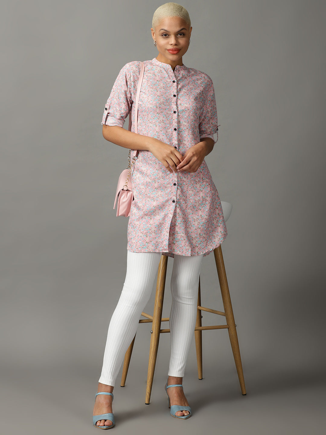 Women's Pink Floral Printed Longline Casual Shirt