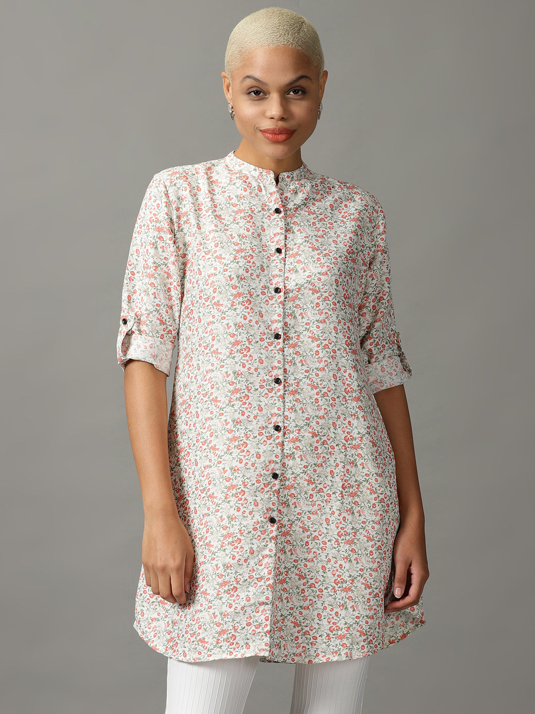 Women's White Floral Printed Casual Longline Shirt