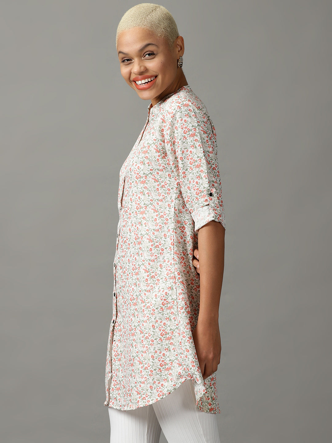 Women's White Floral Printed Casual Longline Shirt