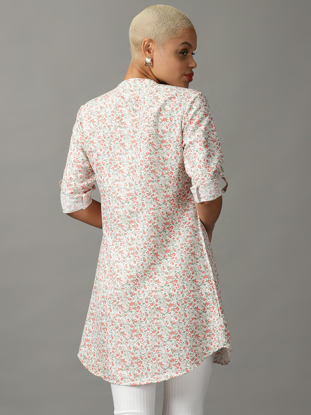Women's White Floral Printed Casual Longline Shirt