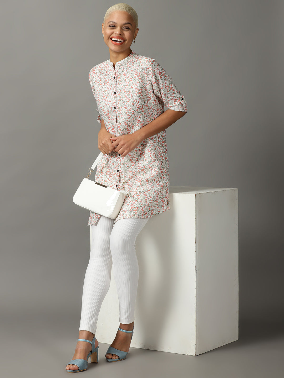 Women's White Floral Printed Casual Longline Shirt