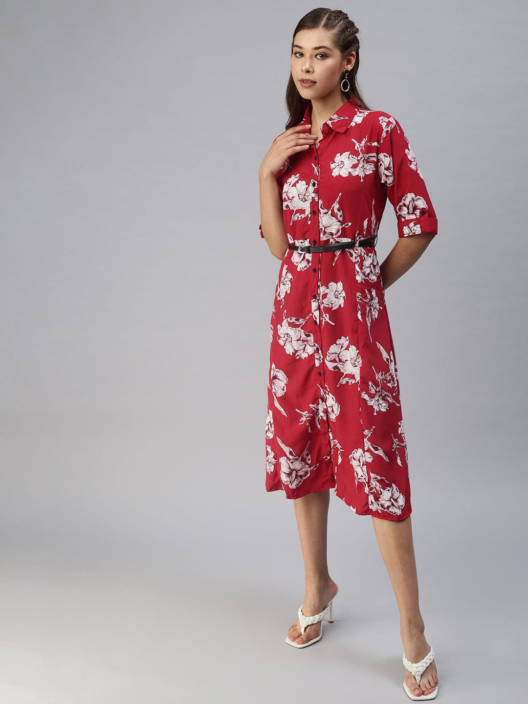 Women's Printed Fit and Flare Red Dress