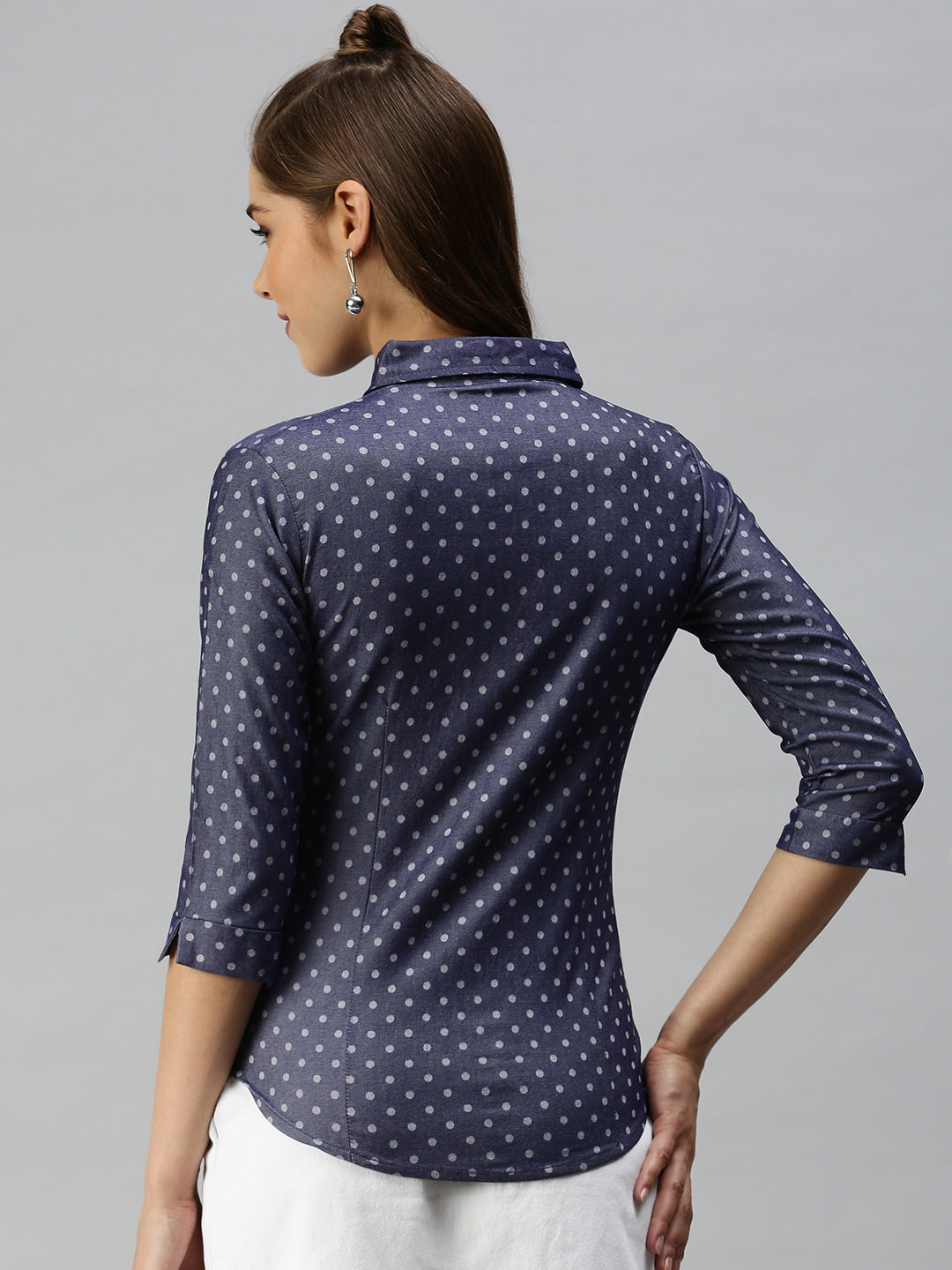 Women's Navy Blue Semi Skinny Fit Printed Casual Shirt