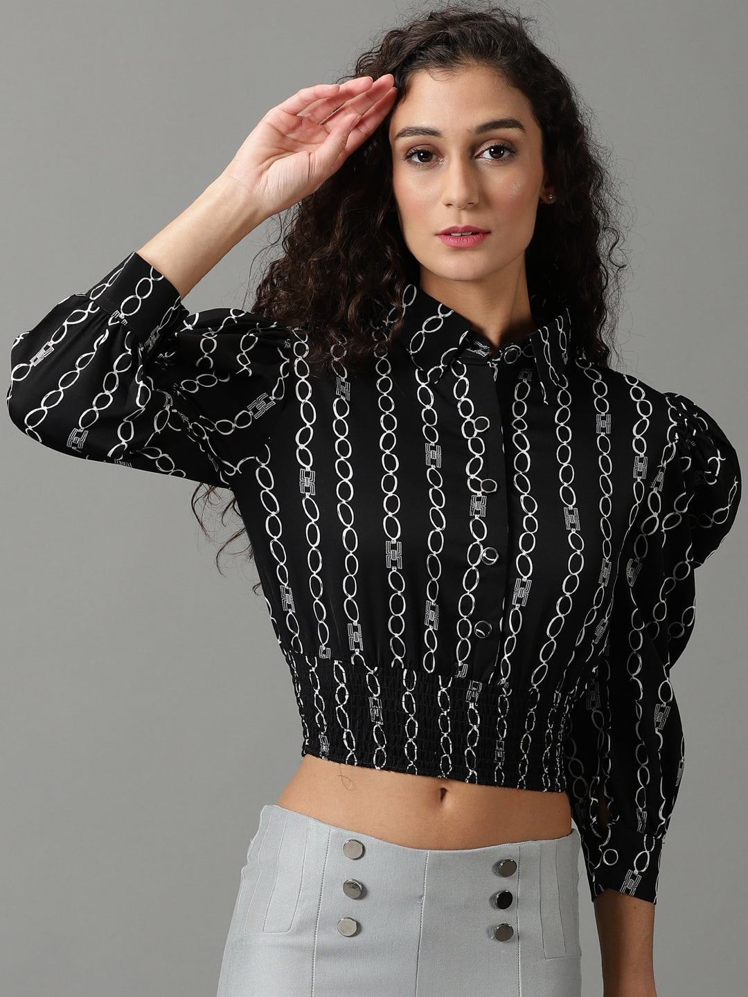 Women's Black Geometric Printed Puff Sleeves Shirt Style Smocked Top