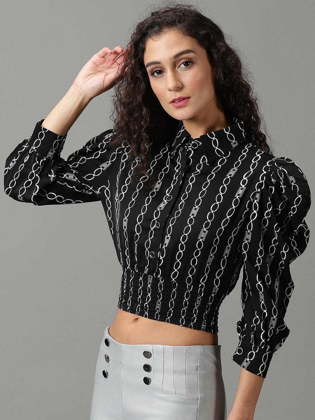 Women's Black Geometric Printed Puff Sleeves Shirt Style Smocked Top