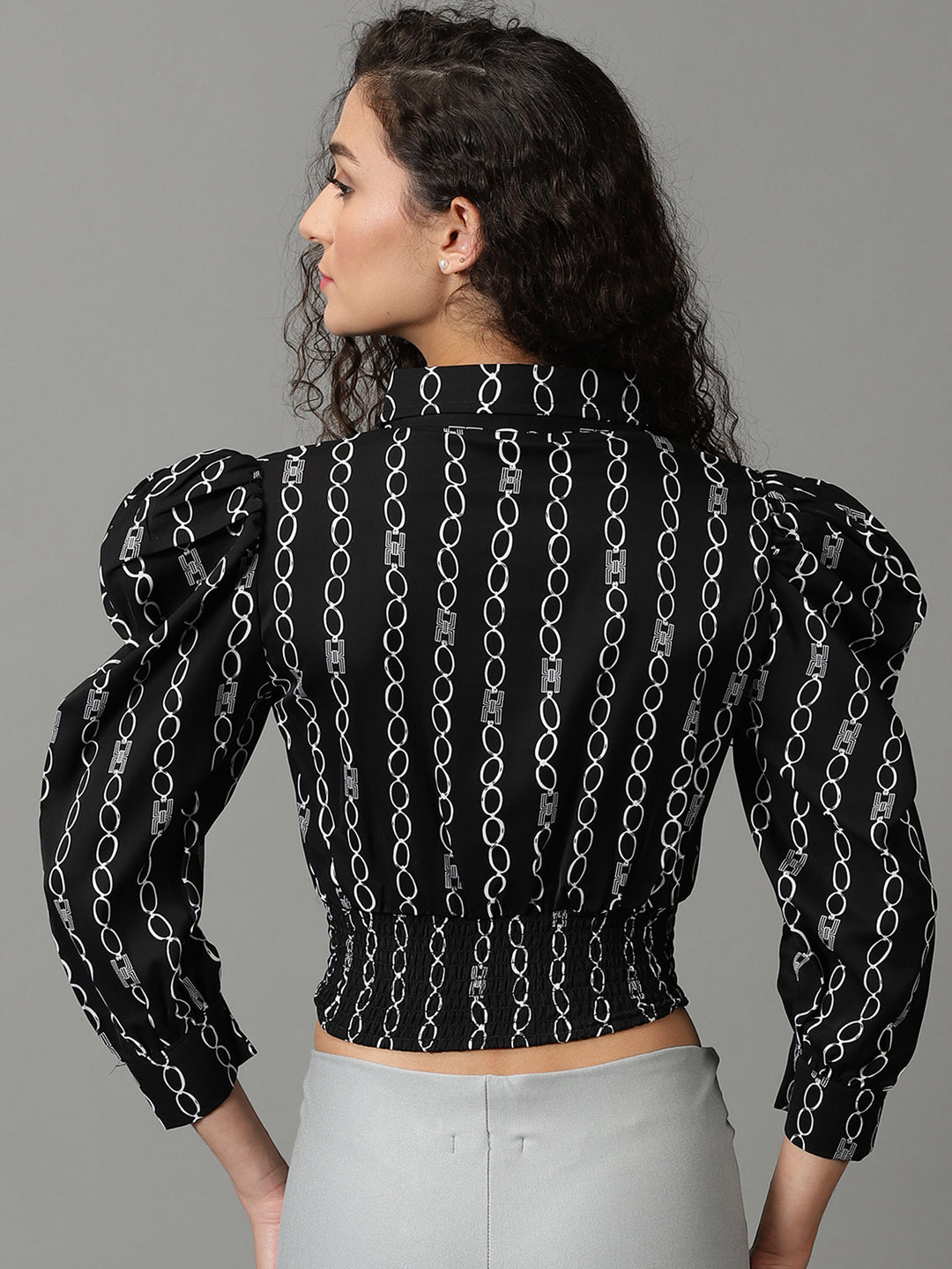 Women's Black Geometric Printed Puff Sleeves Shirt Style Smocked Top