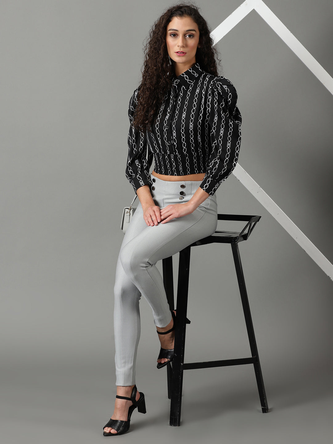 Women's Black Geometric Printed Puff Sleeves Shirt Style Smocked Top