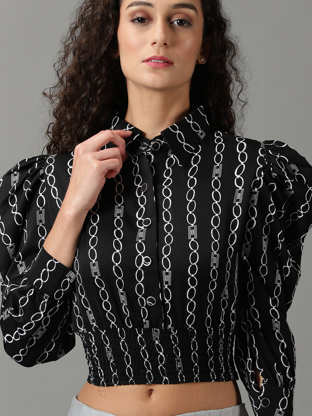 Women's Black Geometric Printed Puff Sleeves Shirt Style Smocked Top