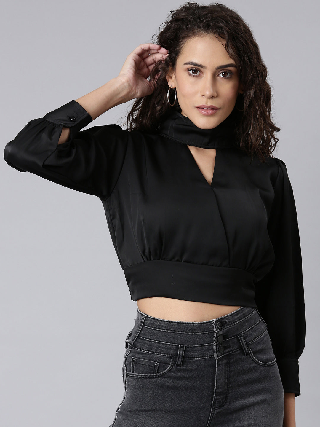 Women's Black High Neck Cuffed Sleeves Cut-Outs Blouson Crop Top