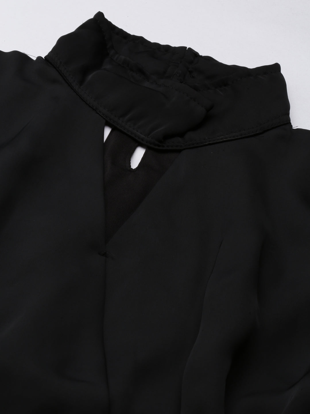 Women's Black High Neck Cuffed Sleeves Cut-Outs Blouson Crop Top