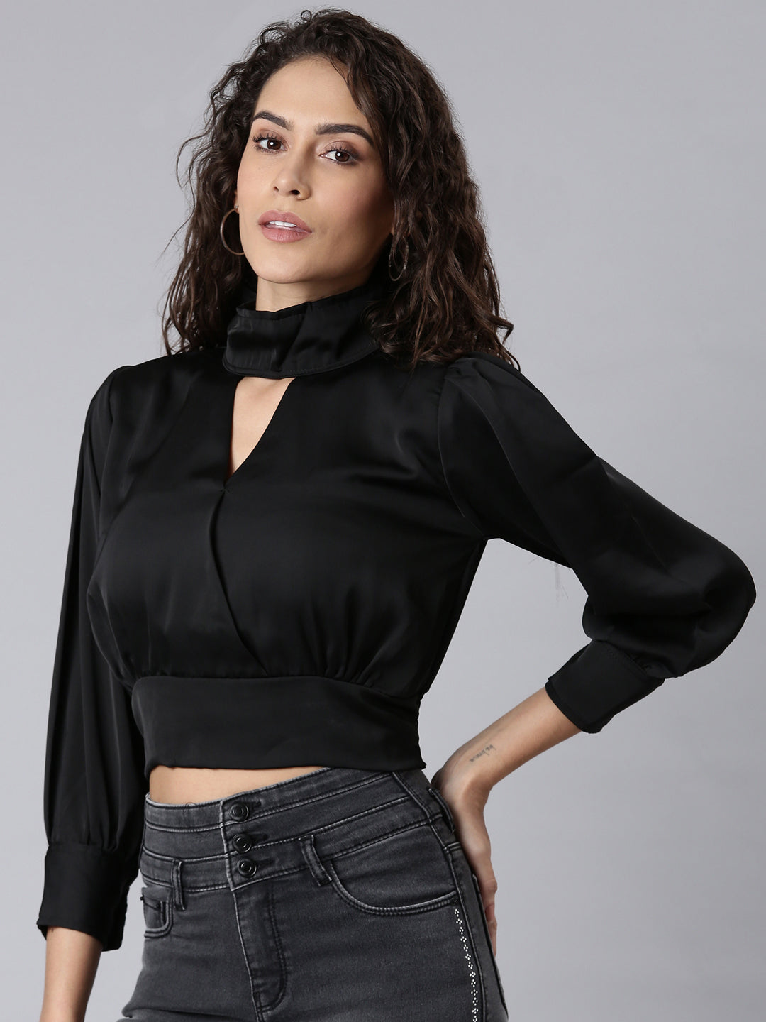 Women's Black High Neck Cuffed Sleeves Cut-Outs Blouson Crop Top