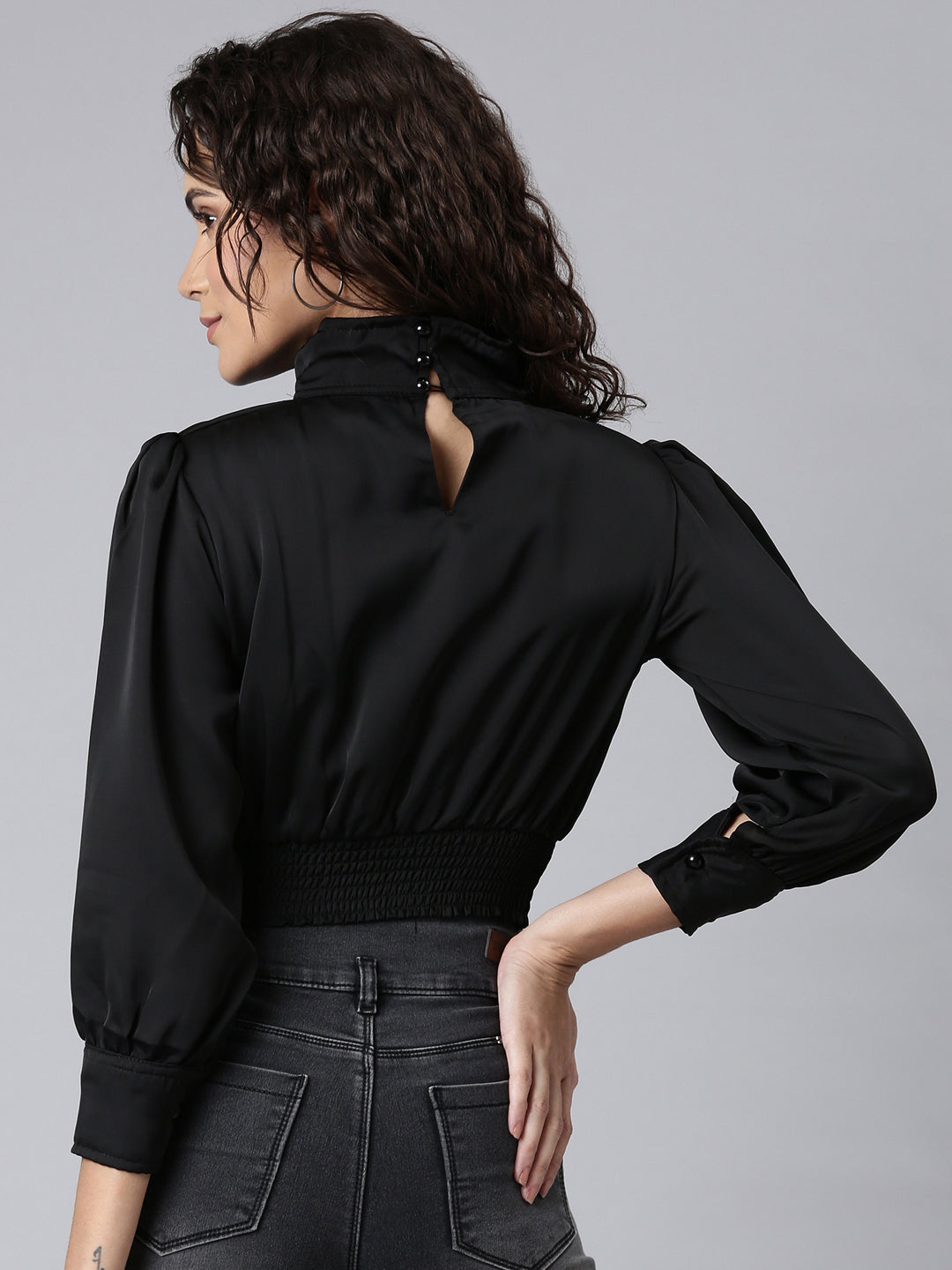 Women's Black High Neck Cuffed Sleeves Cut-Outs Blouson Crop Top