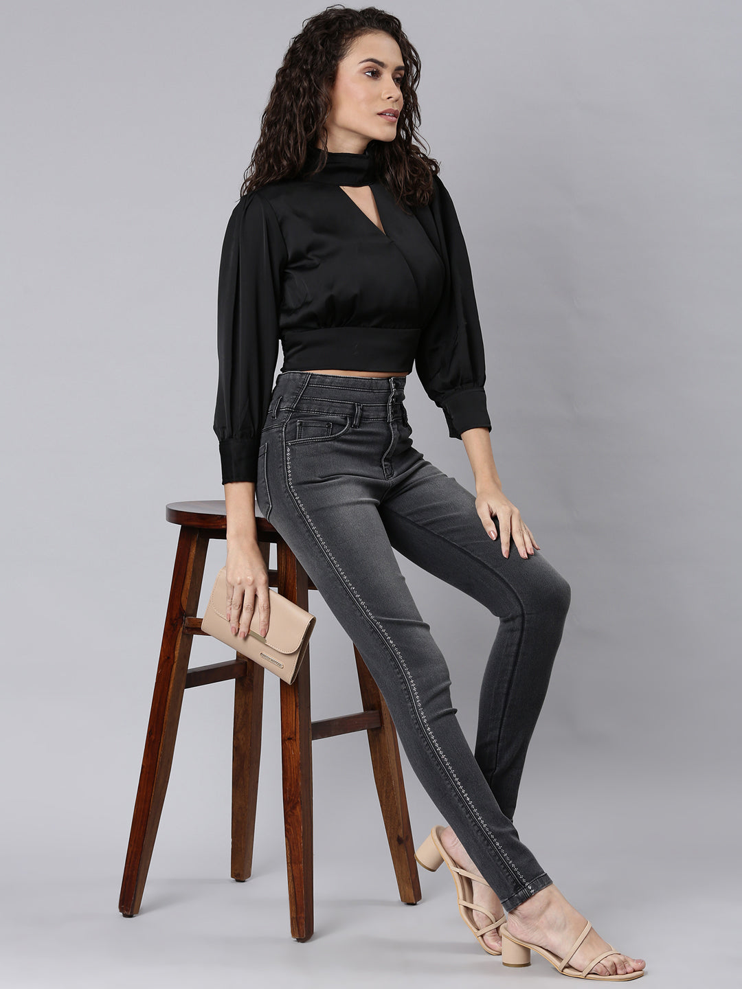 Women's Black High Neck Cuffed Sleeves Cut-Outs Blouson Crop Top
