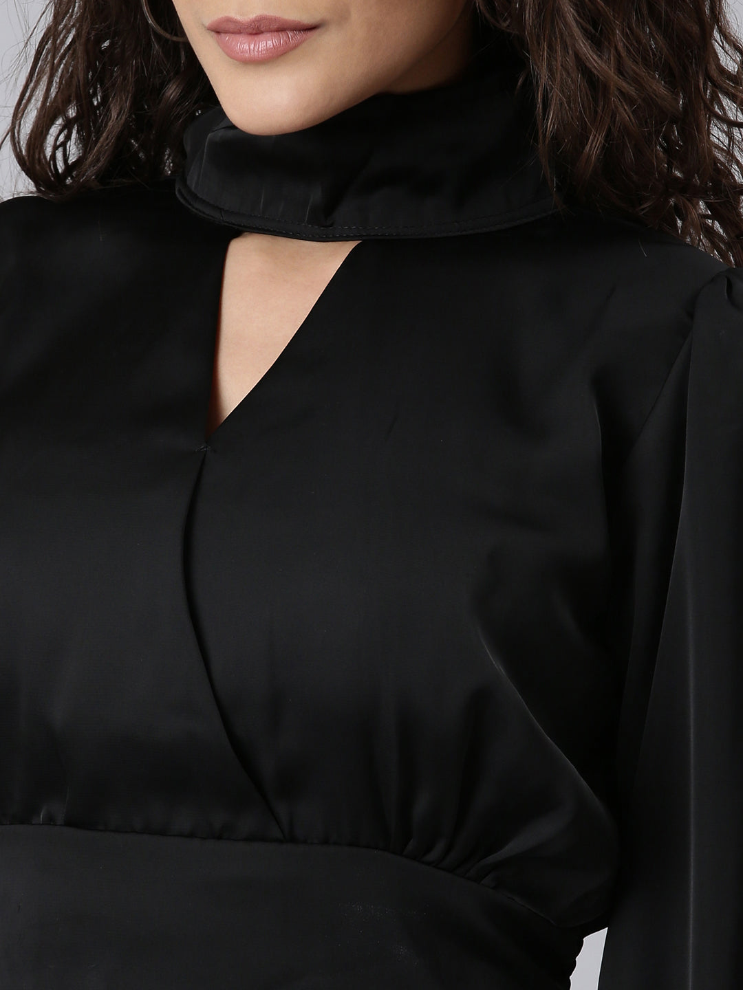 Women's Black High Neck Cuffed Sleeves Cut-Outs Blouson Crop Top