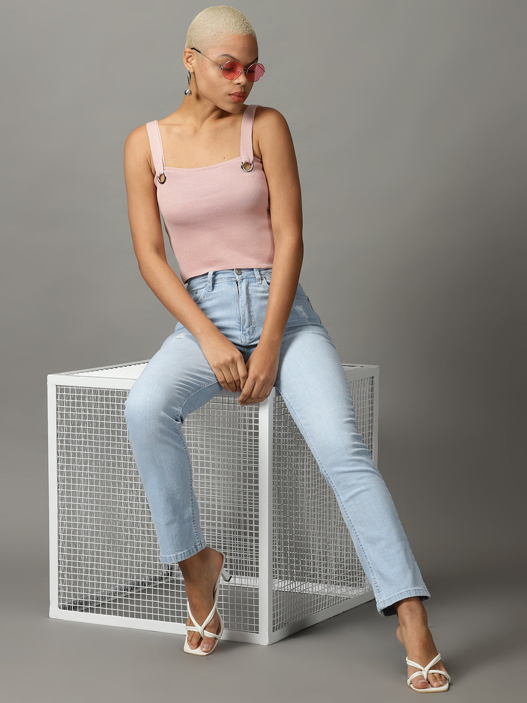 Women's Pink Ribbed Shoulder Straps Fitted Crop Top