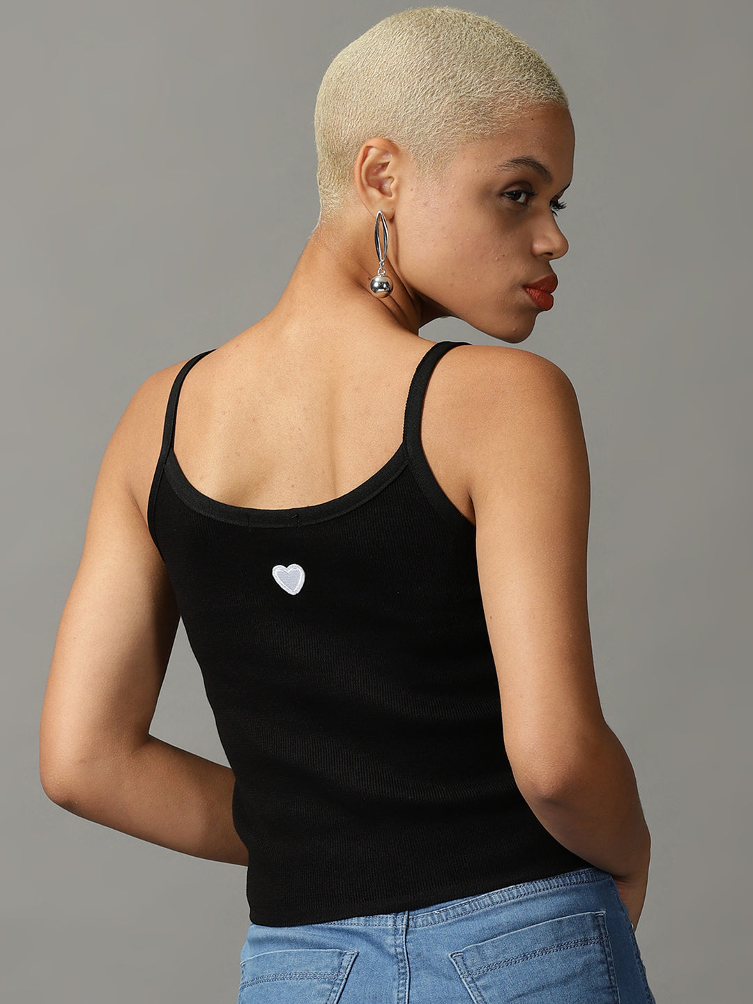 Women's Black Shoulder Straps Acrylic Top