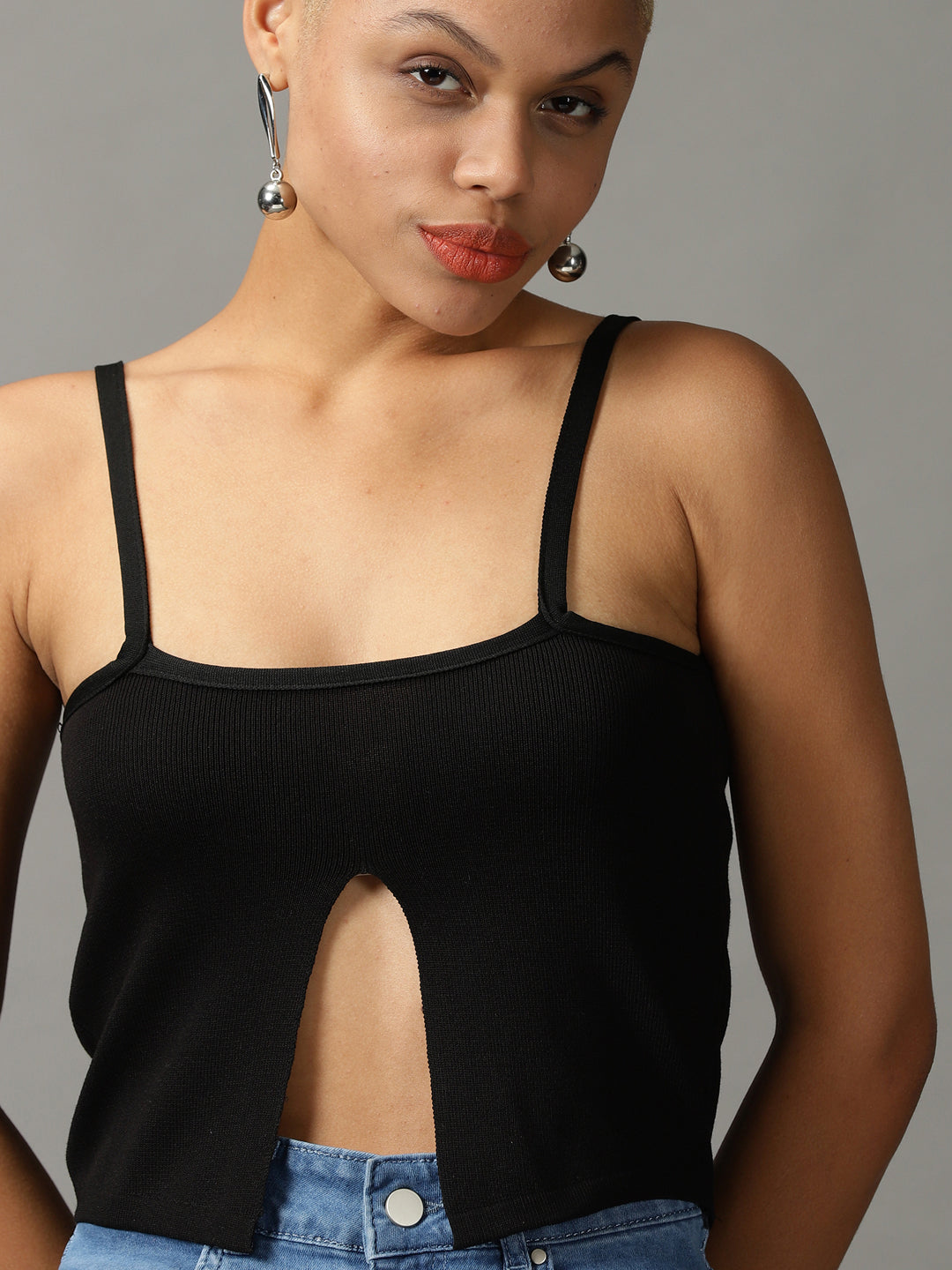 Women's Black Shoulder Straps Acrylic Top