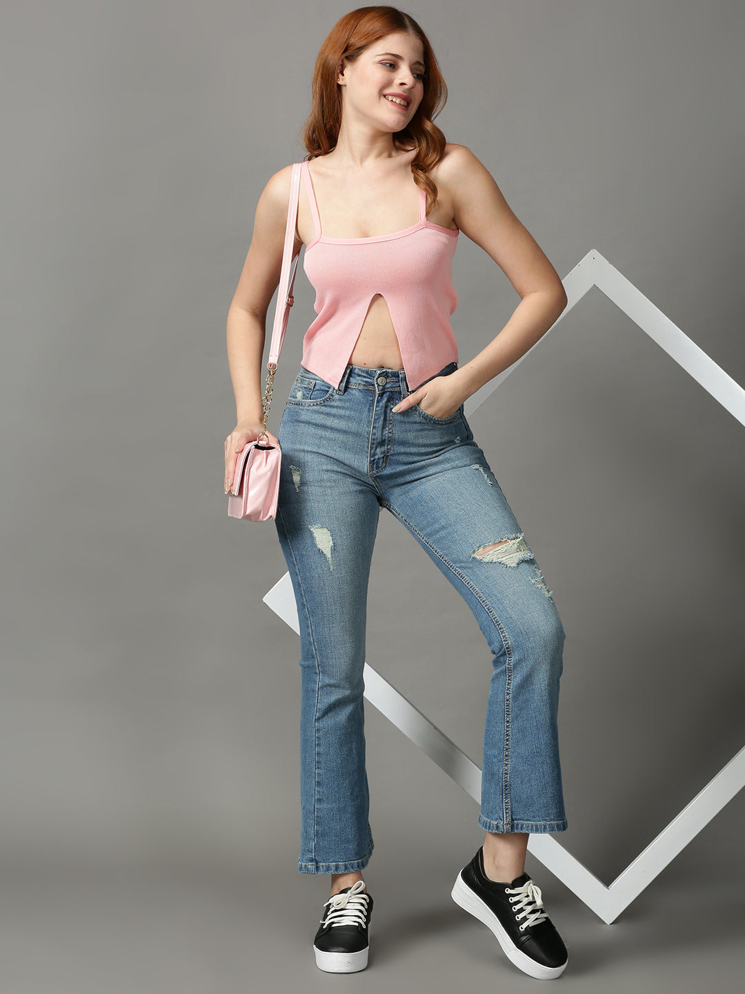 Women's Pink Shoulder Straps Acrylic Crop Top