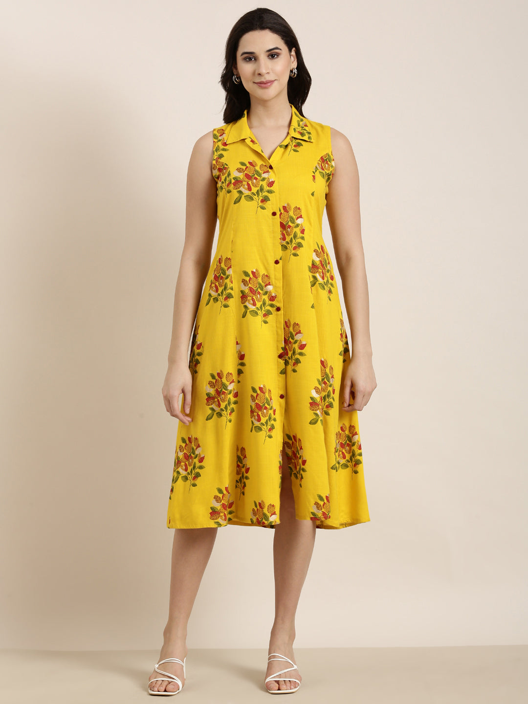 Women's Mustard A-Line Floral Dress