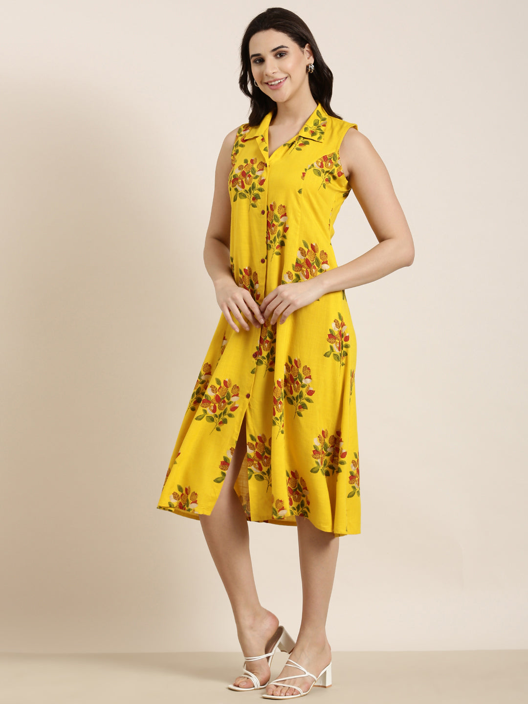 Women's Mustard A-Line Floral Dress