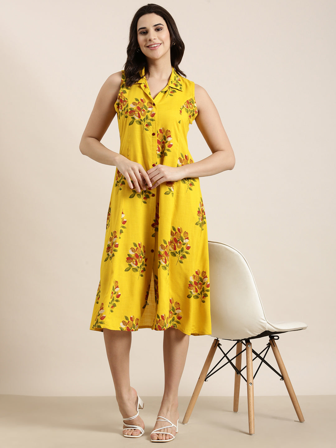 Women's Mustard A-Line Floral Dress