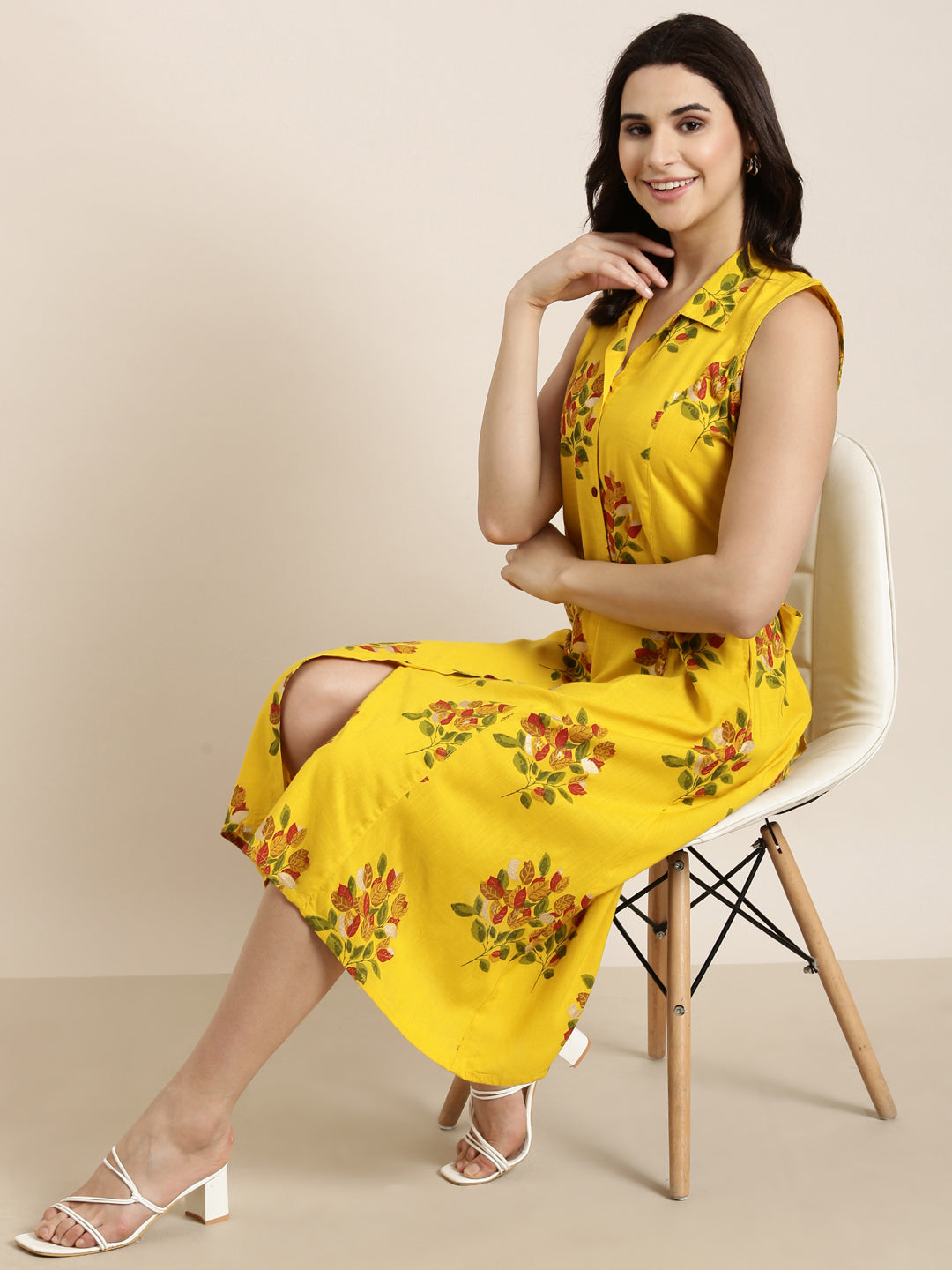 Women's Mustard A-Line Floral Dress
