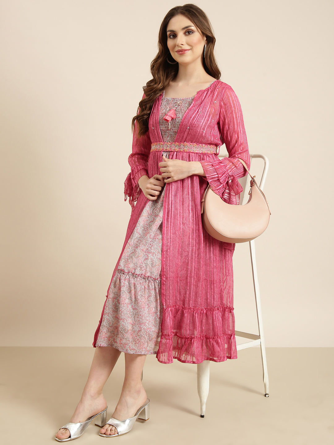 Women's Pink Floral Shoulder Straps Fit And Flare Dress with Over Coat & Belt